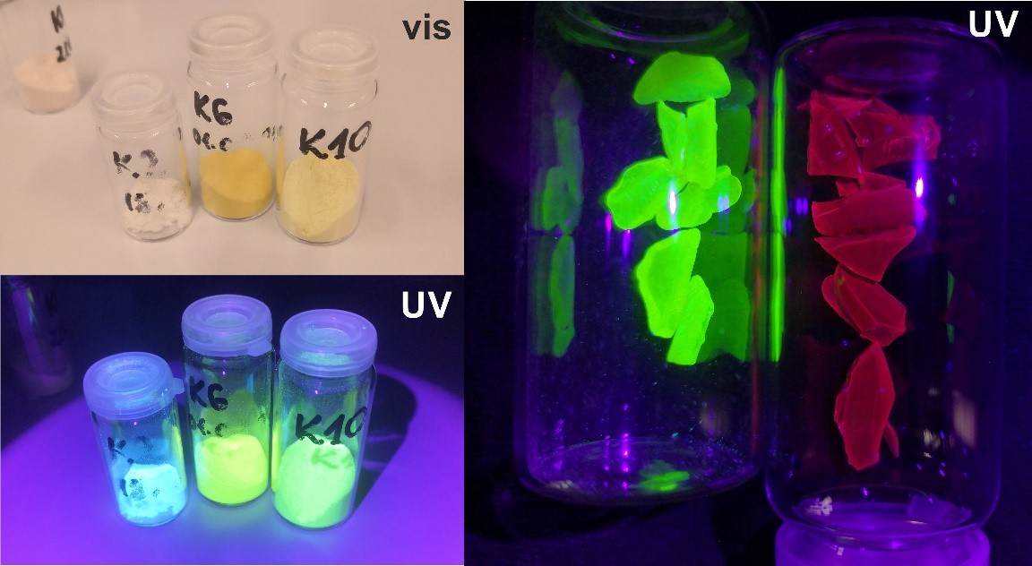 Fig. 2. Produced photoactive materials in daylight and lit with a UV lamp