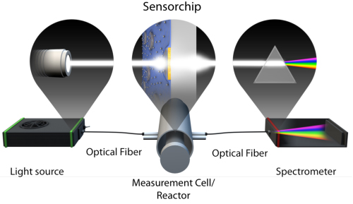 The unique structure of the sensor is a key component in the NPS technology. In Insplorion sensors, nanoparticles in a form of golden discs are placed on the transparent surface creating independent islands.  The substrate prepared this way is coated with a thin layer of dielectric with which the material under research will come into contact. This way nanoparticles are incorporated into the structure of the sensor but do not interact with the substrate except for the LSPR field. Insplorion sensors utilise Au or Ag nanodiscs, which offer a combination of unique features: high sensitivity, small size (50-100 nm), and quick reading in real time (Source: nlab.pl).