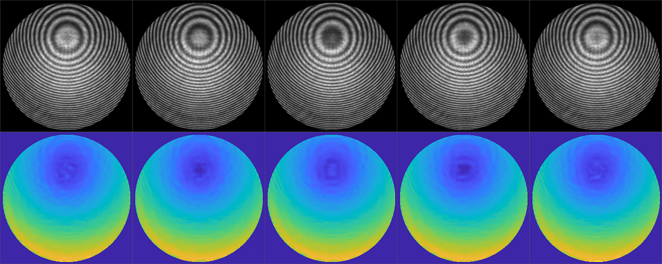 An example of analysis of real data (upper rectangle) and maps of band density obtained by a neural network (lower rectangle) in the learning process in simulations.