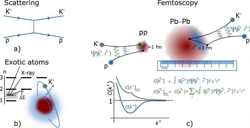 Schematic illustration of available experimental techniques for measuring the interaction among hadrons: a) scattering experiments, b) measurements of energy shifts from the X-ray de-excitation spectrum of exotic atoms, c) femtoscopy in small collision systems (pp) with coupled channel effects shown in green, and in large collision systems (Pb–Pb) with vanishing coupled channel contributions shown in blue. Schematic illustration of available experimental techniques for measuring the interaction among hadrons: a) scattering experiments, b) measurements of energy shifts from the X-ray de-excitation spectrum of exotic atoms, c) femtoscopy in small collision systems (pp) with coupled channel effects shown in green, and in large collision systems (Pb–Pb) with vanishing coupled channel contributions shown in blue.