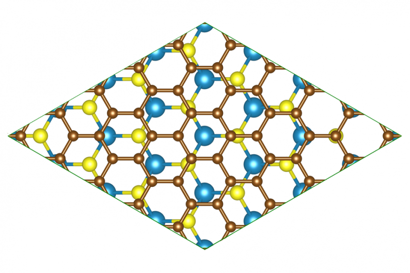 Geometry of the two-dimensional graphene/MoS₂ structure from the study (the green frame indicates the boundaries of the periodic supercell)