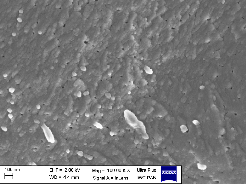 A high magnification (100 kX) SEM photo of a nano-crystallised sample with considerably improved electrical conductivity.